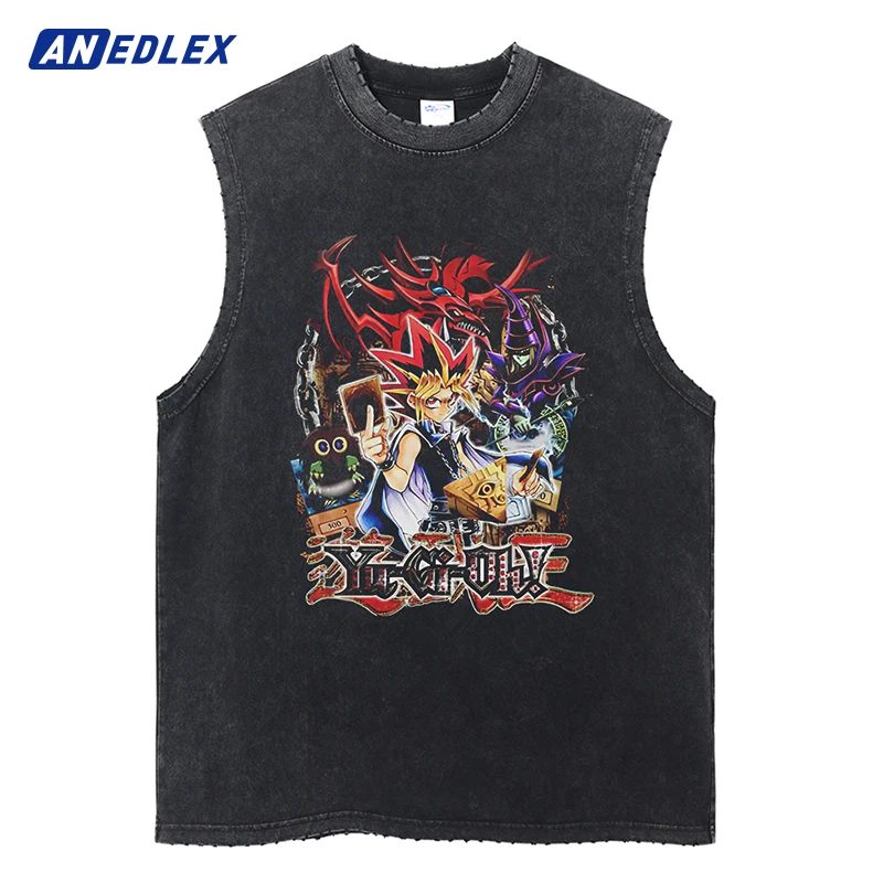 

Japanese Anime Print Black Vest Men Summer Ripped Sleeveless Tank Top Harajuku Hip Hop Vintage Cotton Sports Vest Unisex