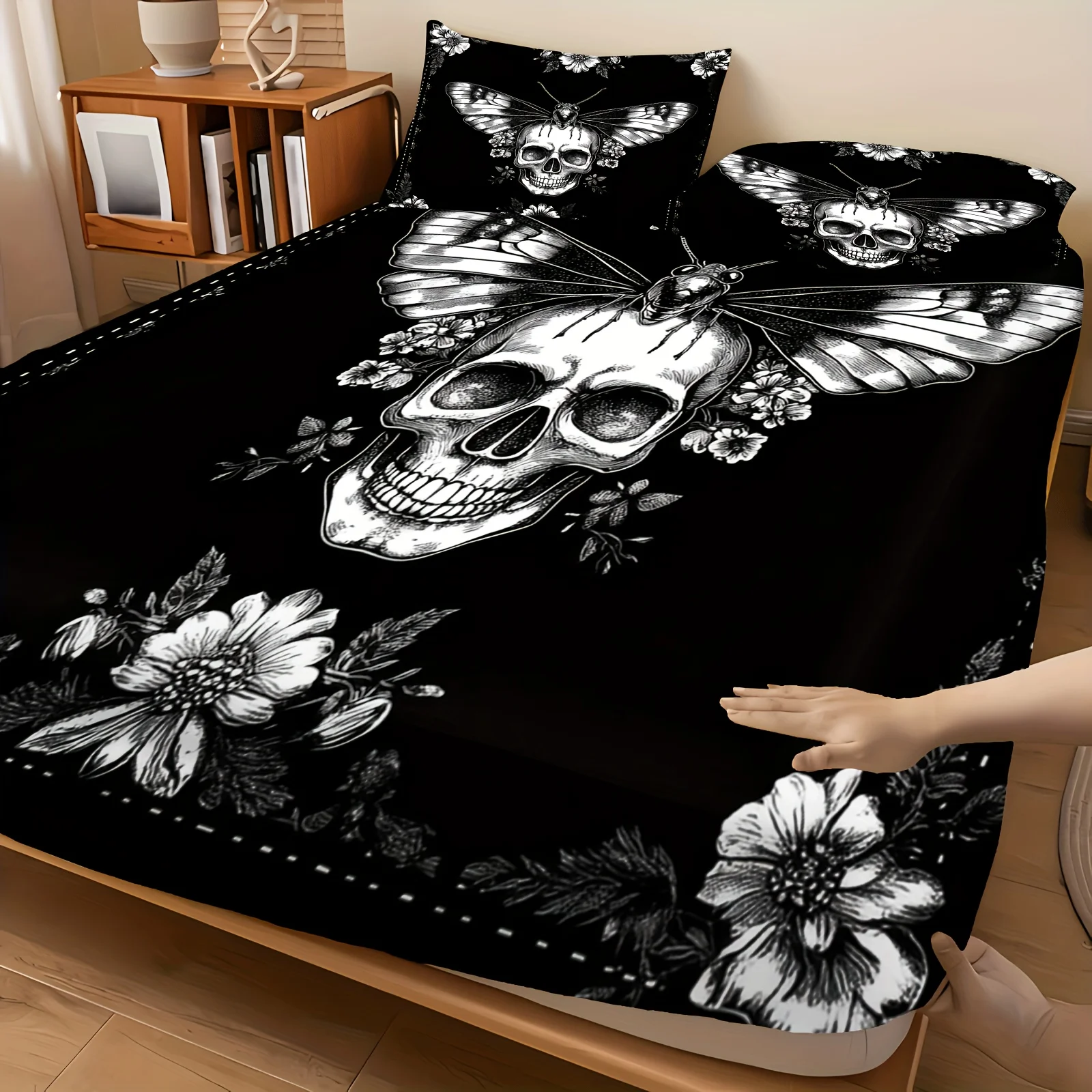 3-Piece Skull Print Bed Sheet Set with Floral and Wing Details, Breathable Polyester Fiber, Machine Washable, Suitable for All Seasons, for Bedrooms, Guest Rooms, and Large Bed Rooms