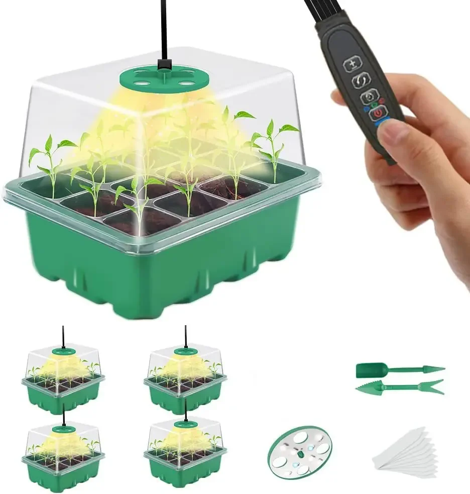 LED Nursery Pots With Grow Light Plant Seed Starter Trays Home Greenhouse Growing Lamp with 12 Hole Timer Kit Controller