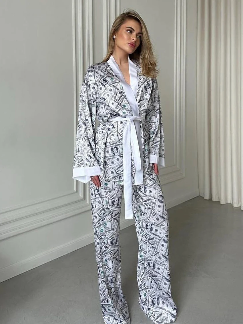 Marthaqiqi Loose Ladies Pajama Suit Sexy V-Neck Sleepwear Long Sleeve Nightwear Lace Up Nightie Pants Printing Female Pyjama Set