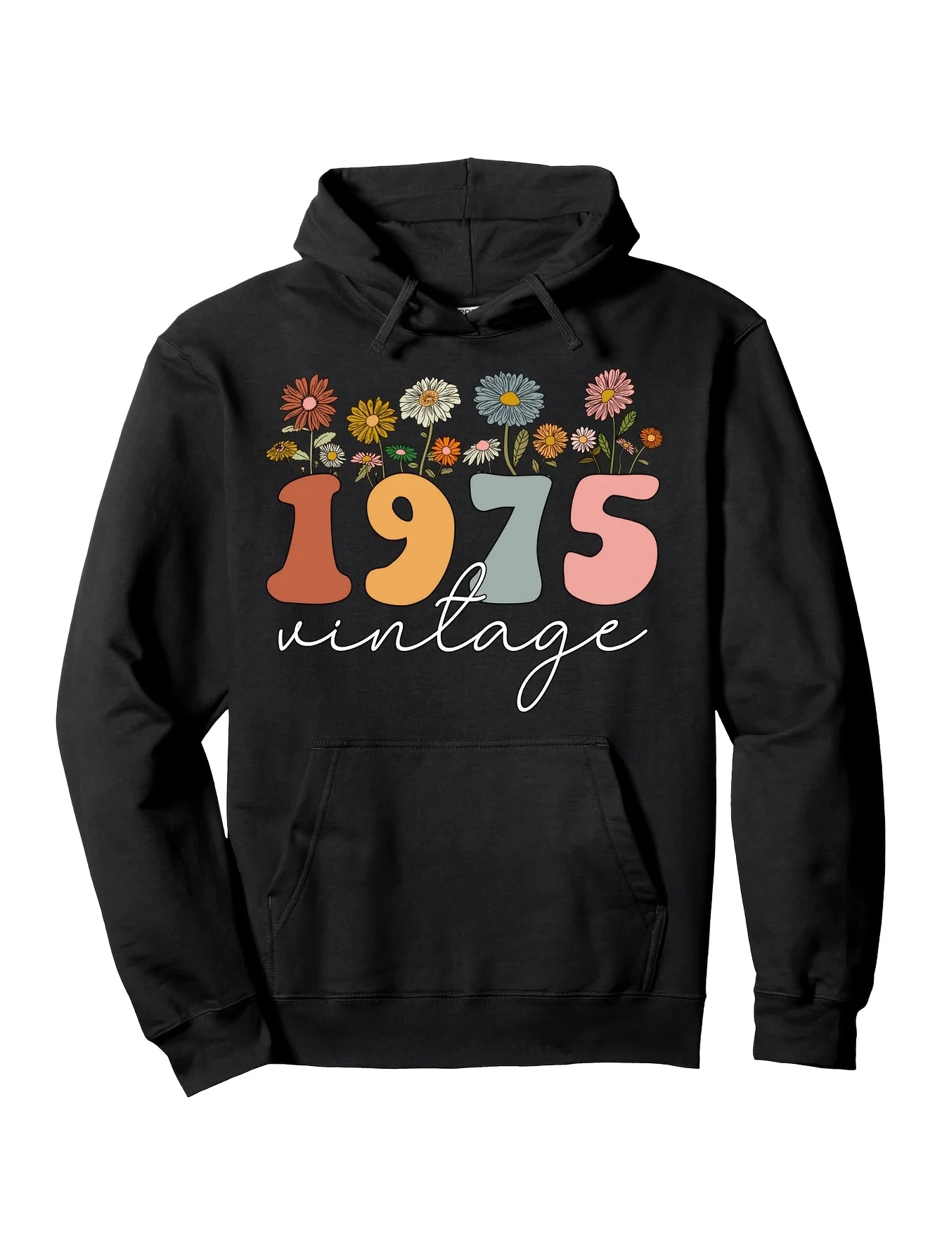 

Vintage 1975 Women's Printed Hoodie - Black with Colored Flowers, "Vintage" Design, Soft Cotton Hybrid Sweater, C