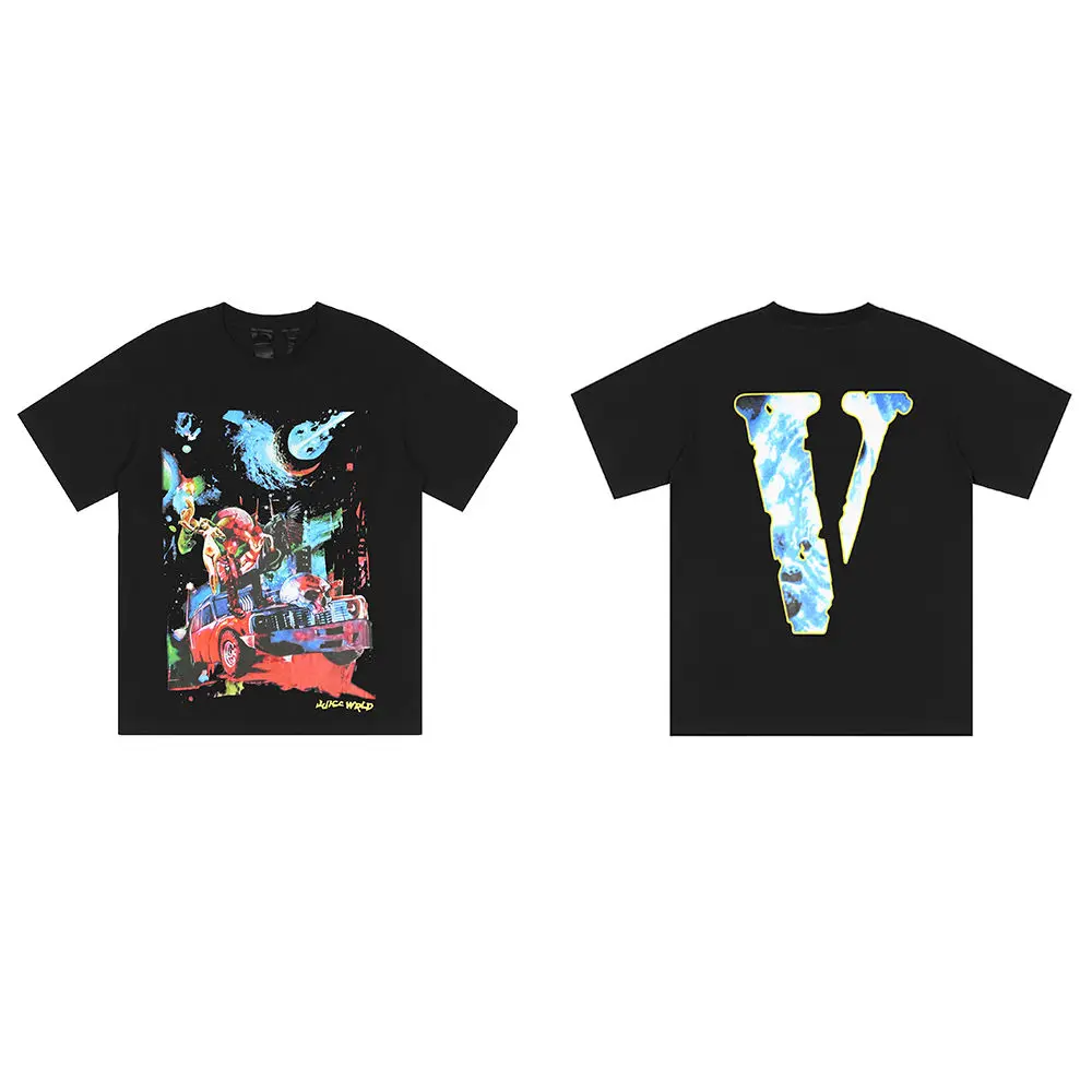 VL novedad de verano Graffiti Big V estampado de manga corta American Street Tide marca suelta Casual Unseix 100% algodón cuello redondo Camiseta