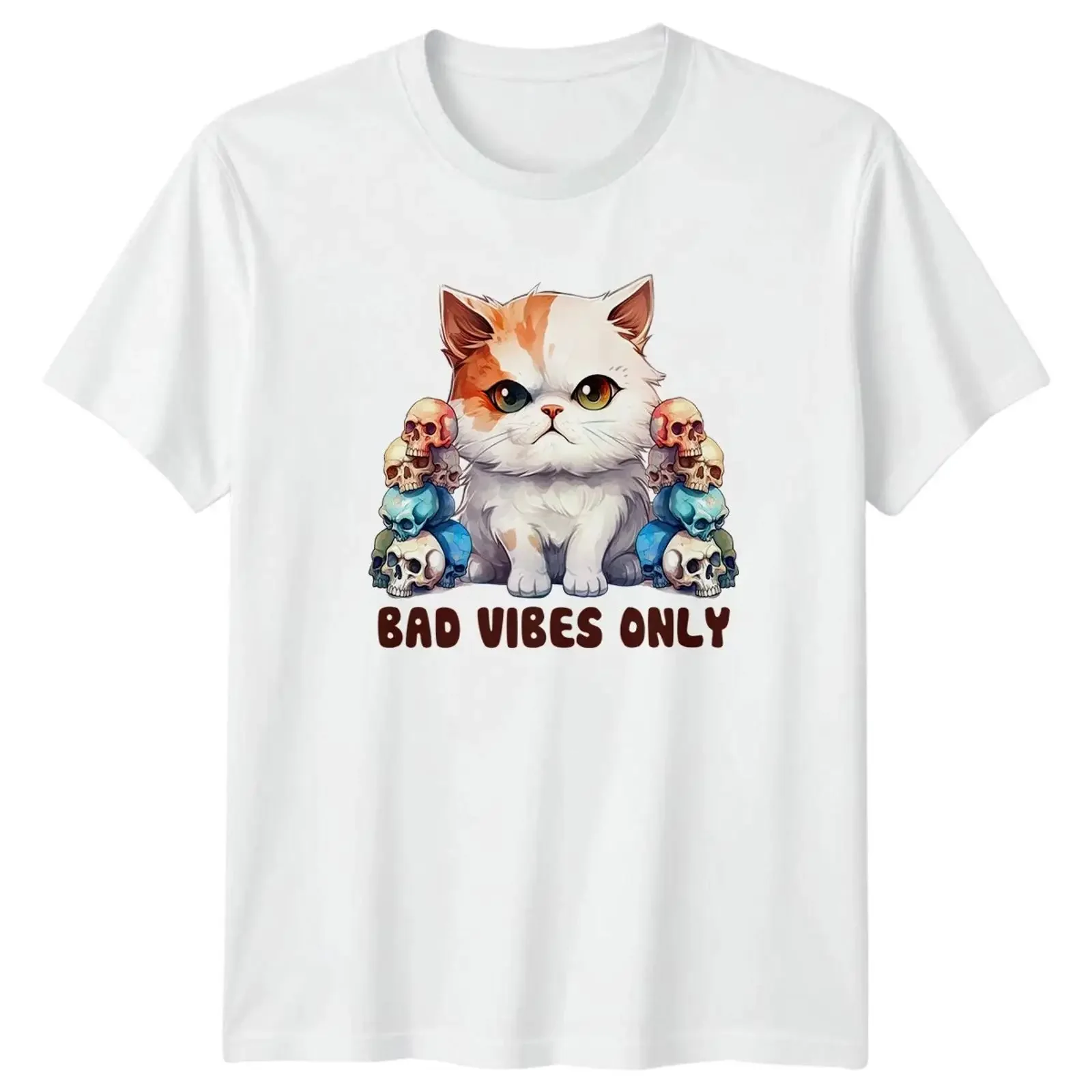 Bad Vibes Only T Shirt lustig Katze Totenkopf Neuheit Bekleidung Geburtstagsgeschenk vintage Washed Unisex Versatile Soft