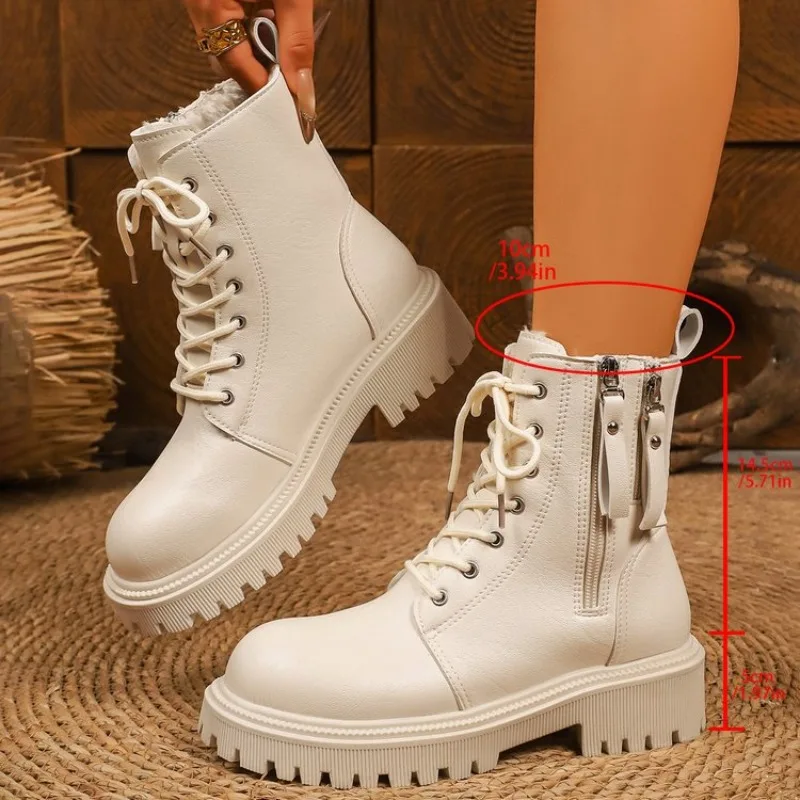 

New Style Round Toe Square Heel Cross Strap Fashionable Women's Shoes Casual and Comfortable Plus Velvet Warm Short Boots 43