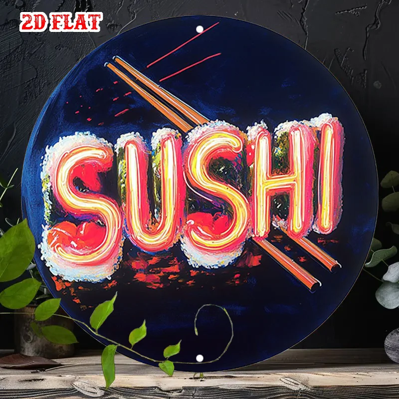 Letrero redondo de aluminio con palillos y sushi de neón, arte de pared de Metal resistente a la intemperie para interiores/exteriores, decoración japonesa contemporánea, 1 ud.