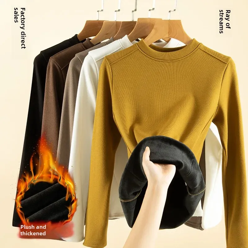 Autumn/winter Women's Long Sleeve Fox Fleece-lined Thickened Base Layer Integrated Fleece Fishbone Warm T-shirt Top