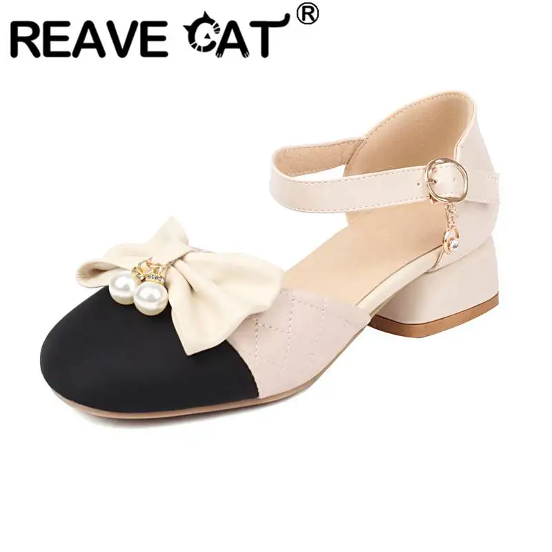 

REAVE CAT Ladies Pumps Round Toe Block Heels 3.5cm Buckle Strap Bowknot Pearl Princess Sweet Girls Shoes Small Size 28 29 30 31