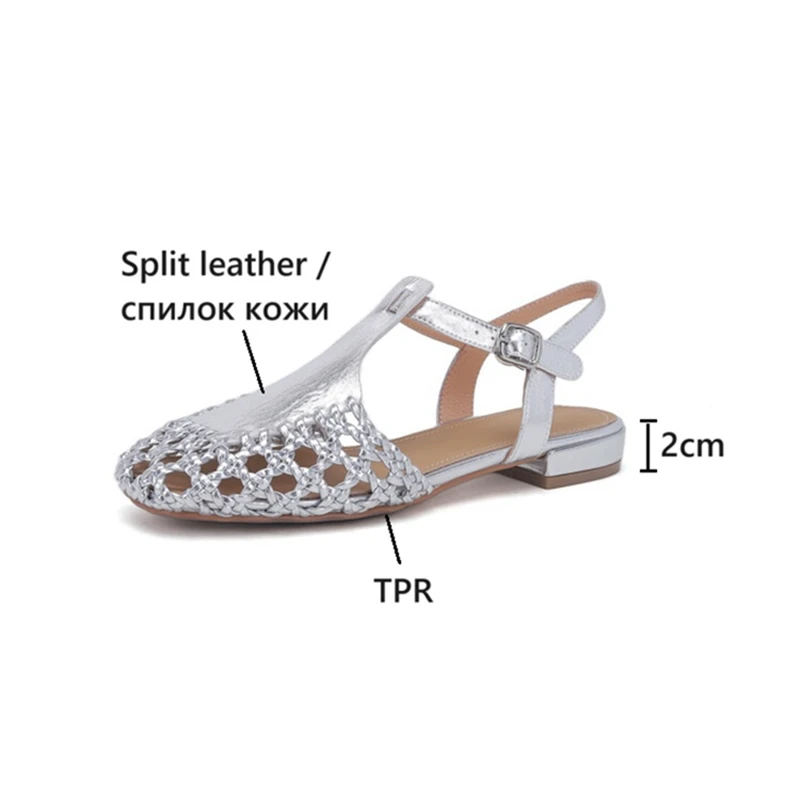 NEW Summer Women Sandals Split Leather Shoes for Women Round Toe Low Heel Shoes Hollow Sandals Cover Toe Slingback Designer Shoe