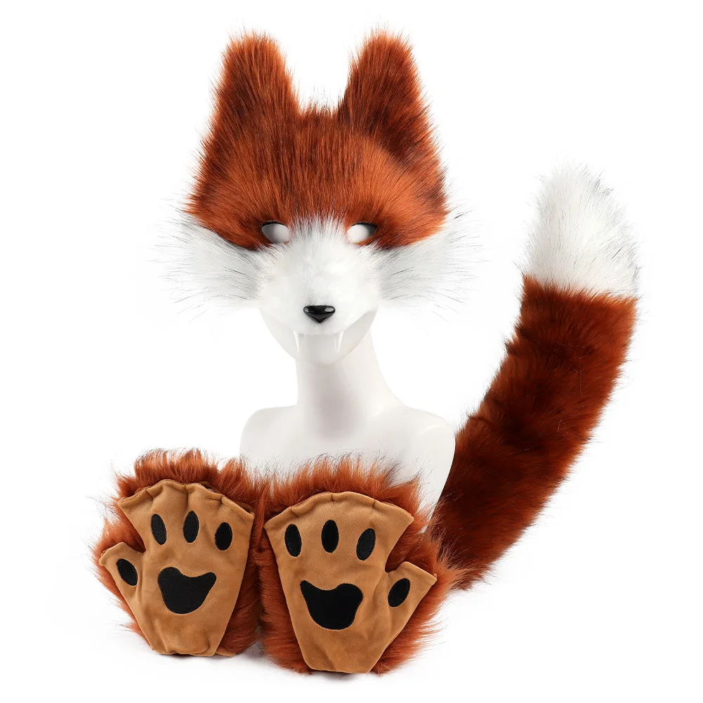 Simulation Wolf Teeth Cosplay Mask Set Beast Plush Tail Half-finger Gloves Man Woman Carnival Festival Party Costume Accessories