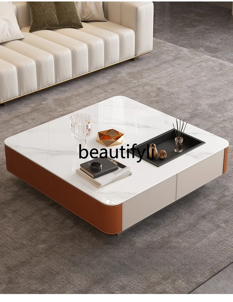 

Italian light luxury saddle leather coffee table modern high-end stainless steel square rock slab solid wood square coffee table