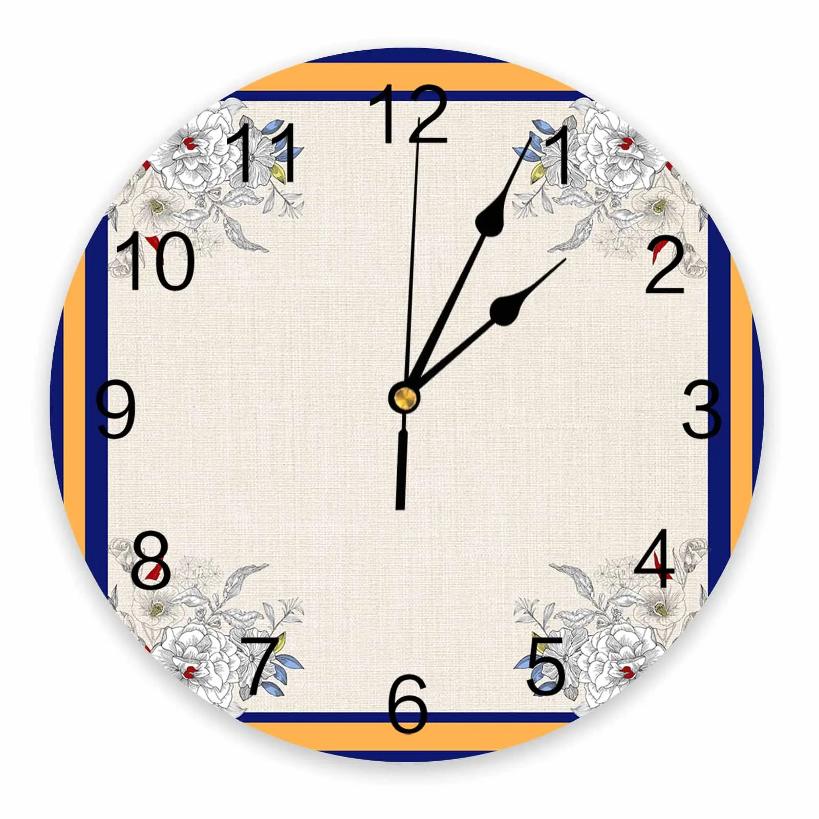 Floral Striped Blue Linen Wall Clock Large Modern Kitchen Dinning Round Wall Clocks Bedroom Silent Hanging Watch