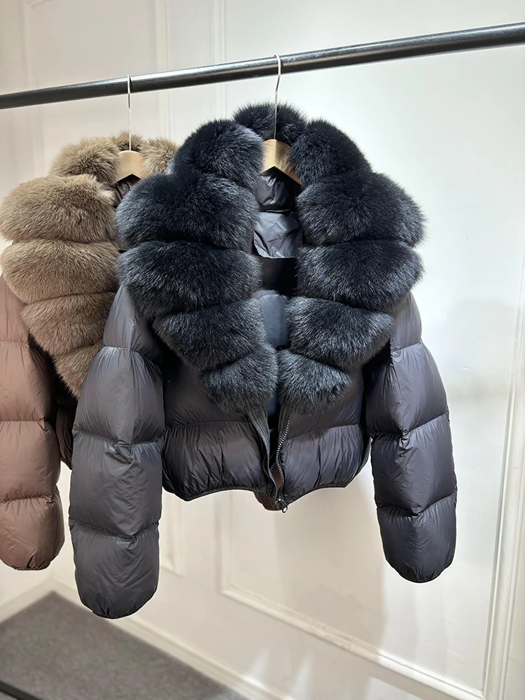 Janveny 2025 New Puffer Jacket Women With Large Natural Fox Fur Collar Short Fluffy Thick Parkas Female 90% White Duck Down Coat
