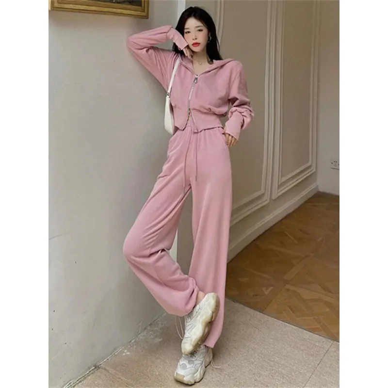 Casual Hooded Sweatshirts Tracksuit Women Coat Double Zip Up Crop Top Drawstring Waist Sweatpant Harem Pants 2 Piece Sets N441