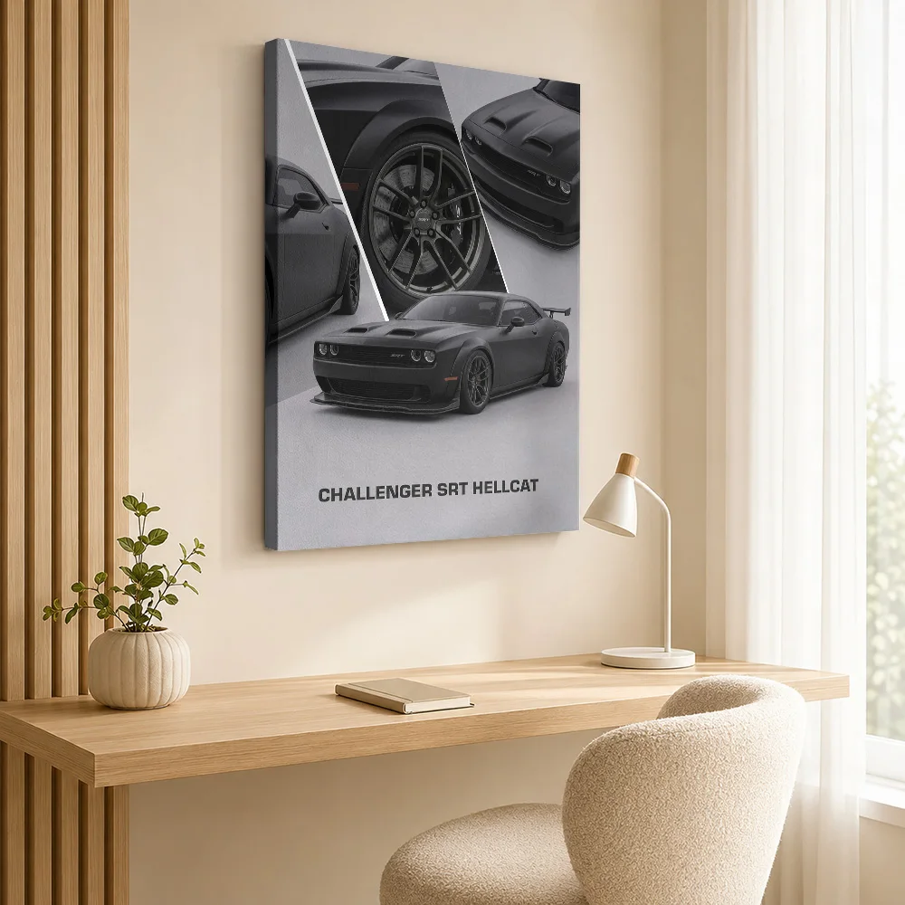 Black Sleek American Challenger SRT Hellcat Car Framed Canvas Print Poster Personalized Photo Industrial Wall Art Garage Decor