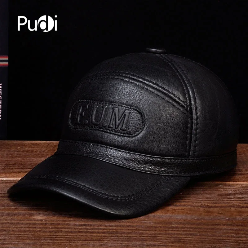 Pudi Men Genuine Cow Leather Cowboy Hat Male Male Winter Outdoor Warm Real Wool Fur Baseball Caps HL062