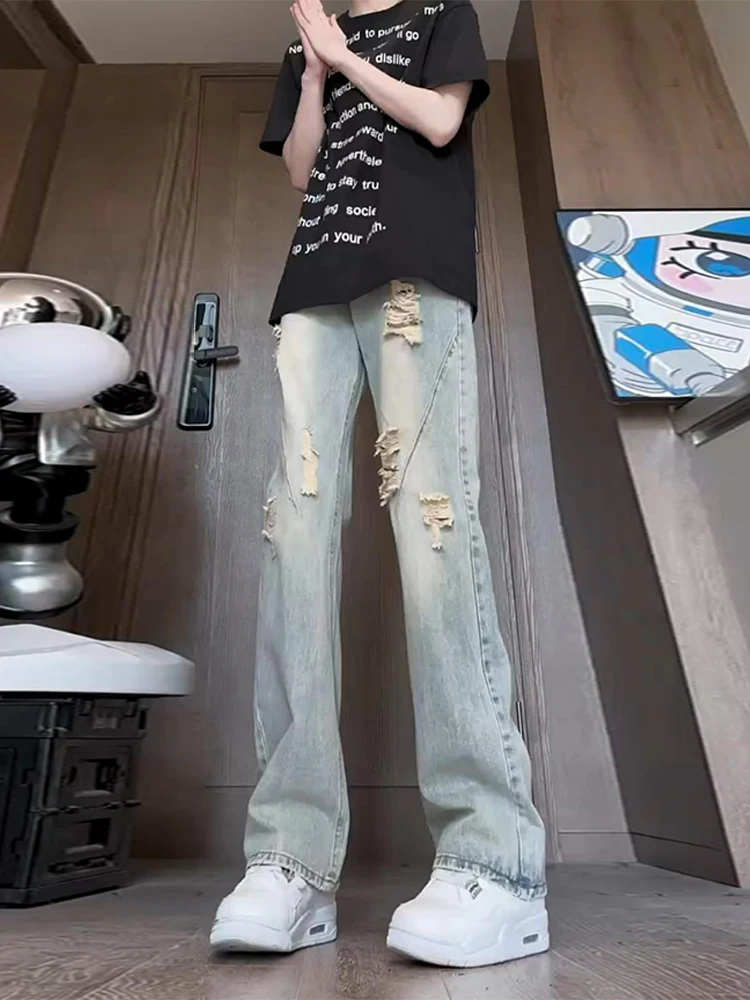 

Yellow Mud Men's Jeans Trendy Brand Hole Punch Straight Leg Thin High Street Summer Casual Jeans CleanFit Sle MidHigh Waist