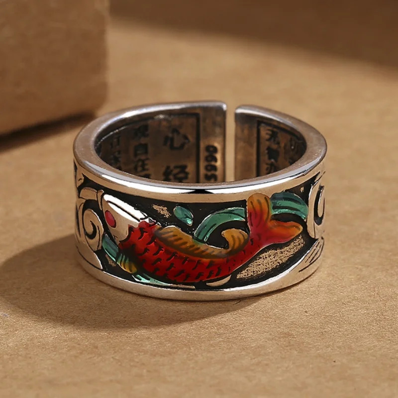 Retro Ethnic Style Enamel Carp Ring Female Index Finger Accessories Personality Buddhist Sutras Blessing  Women Jewelry Ring