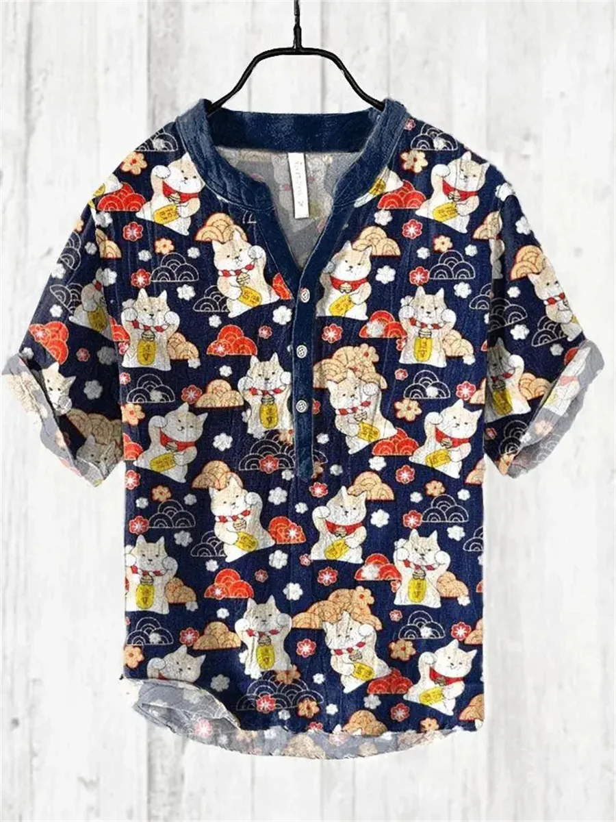 2025 New Linen Short-Sleeve Shirt Movie Monster Print Men's Hawaiian Comfortable Stylish Shirt Summer Top