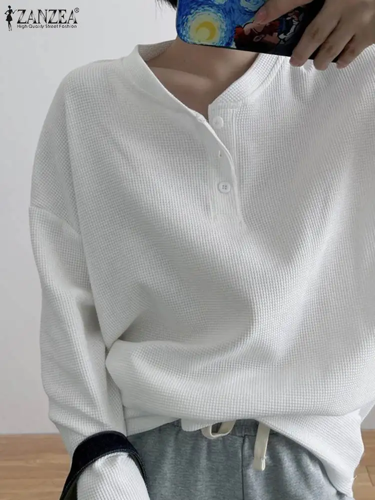 

ZANZEA Casual Loose Solid Sweatshirt Women Long Sleeve Sweatshirt 2024 Spring Drop Shoulder Pullover Korean Textured Fabric Top