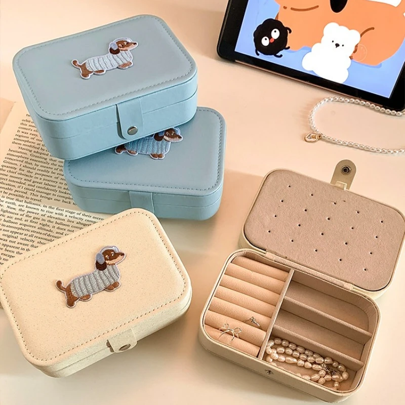 Cute Dachshund Leather Jewelry Box, Mini Cartoon Dog Organizer for Rings Earrings Necklaces, Portable Travel Jewelry Case