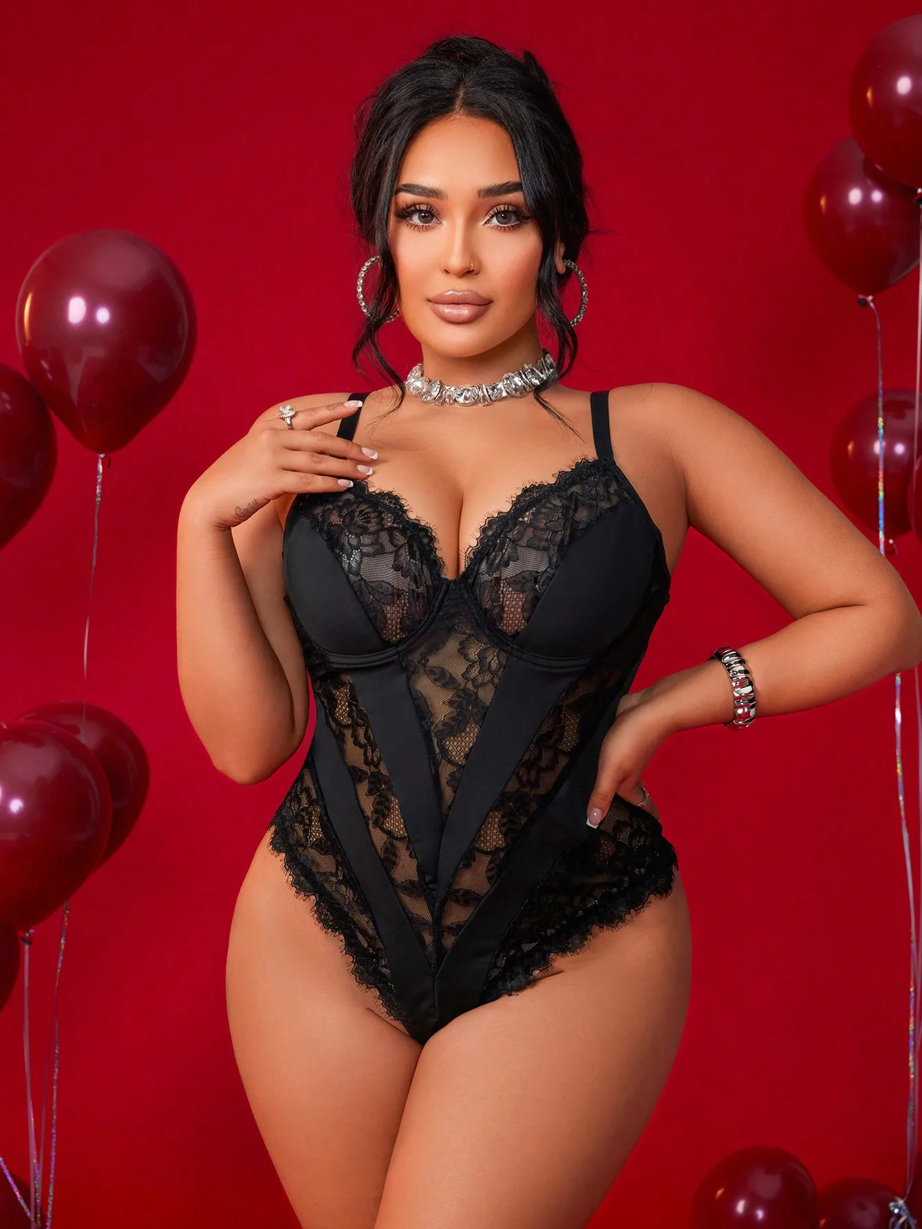 

Black Lace Patchwork Bodysuit with Spaghetti Straps and Sheer Panels