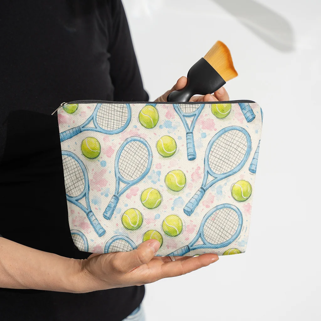 Illustration of Tennis Pattern Cosmetic Bag with Zipper Closure Large Capacity Toiletry Pouch Travel Cosmetic Bag Holiday Gift
