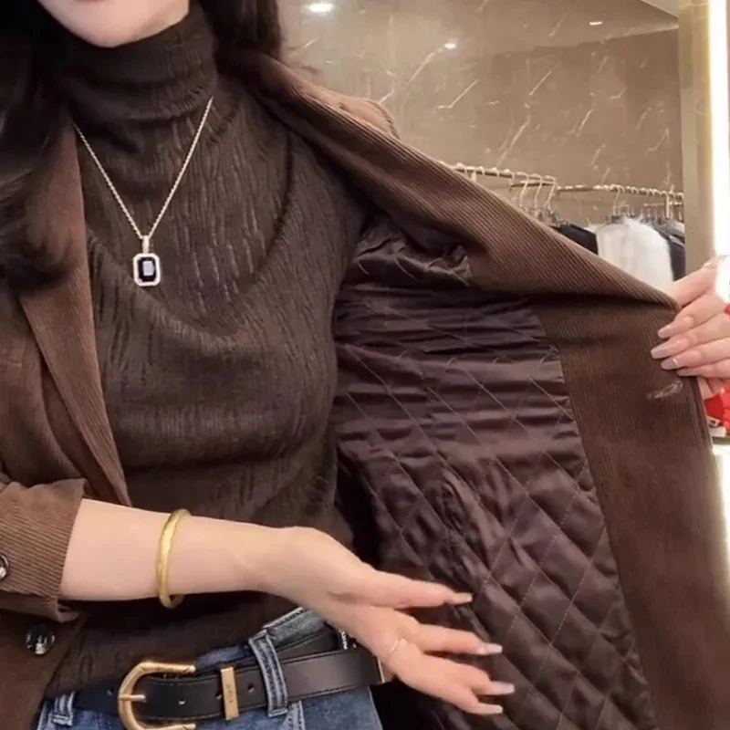 2024 Autumn Winter New Retro Brown Padded Blazer With Cotton High-quality Temperament One Button Long-sleeved Suit Jacket Woman