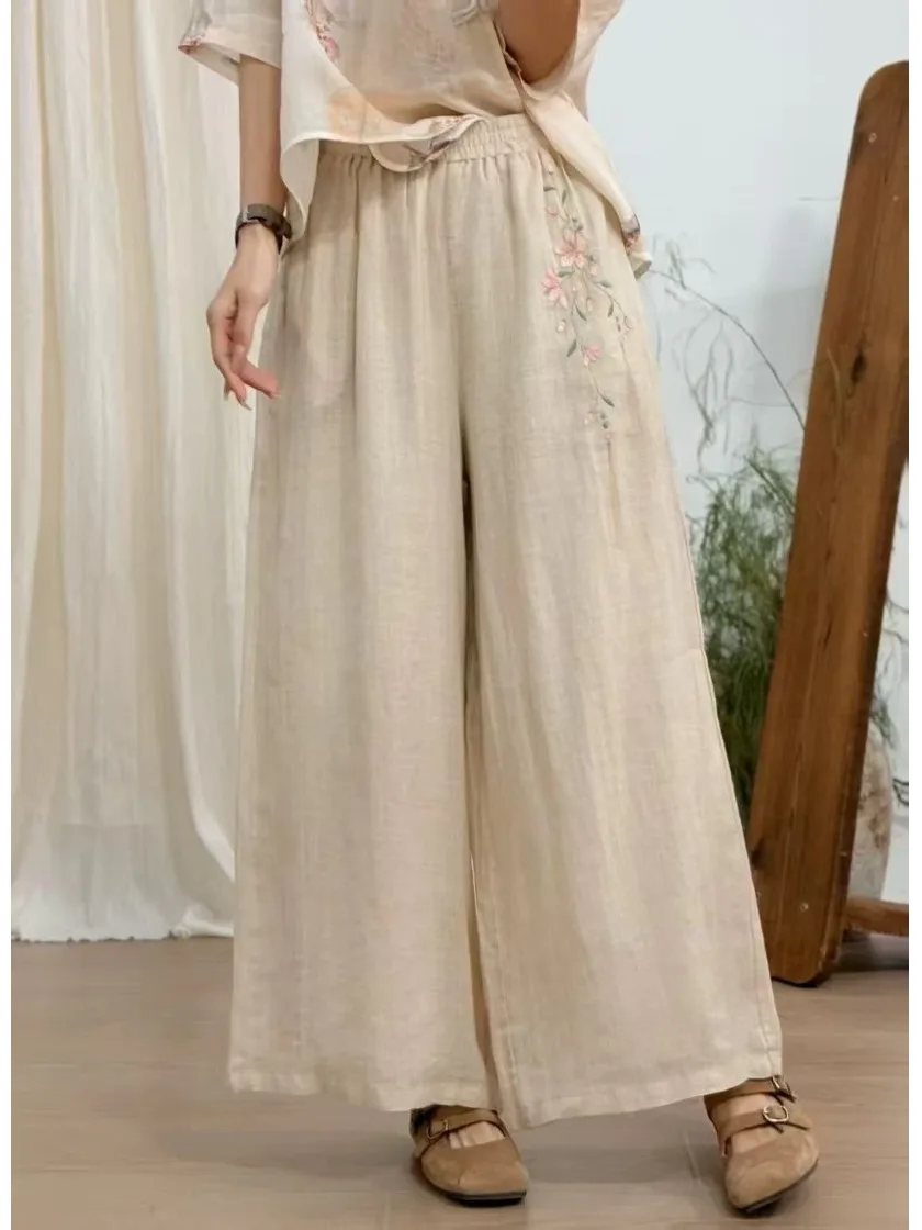 

Retro Double Layer Wide Leg Pants Embroidered Flax Loose Waist Casual Slimming Nine Point Summer Pants for plus Size Women