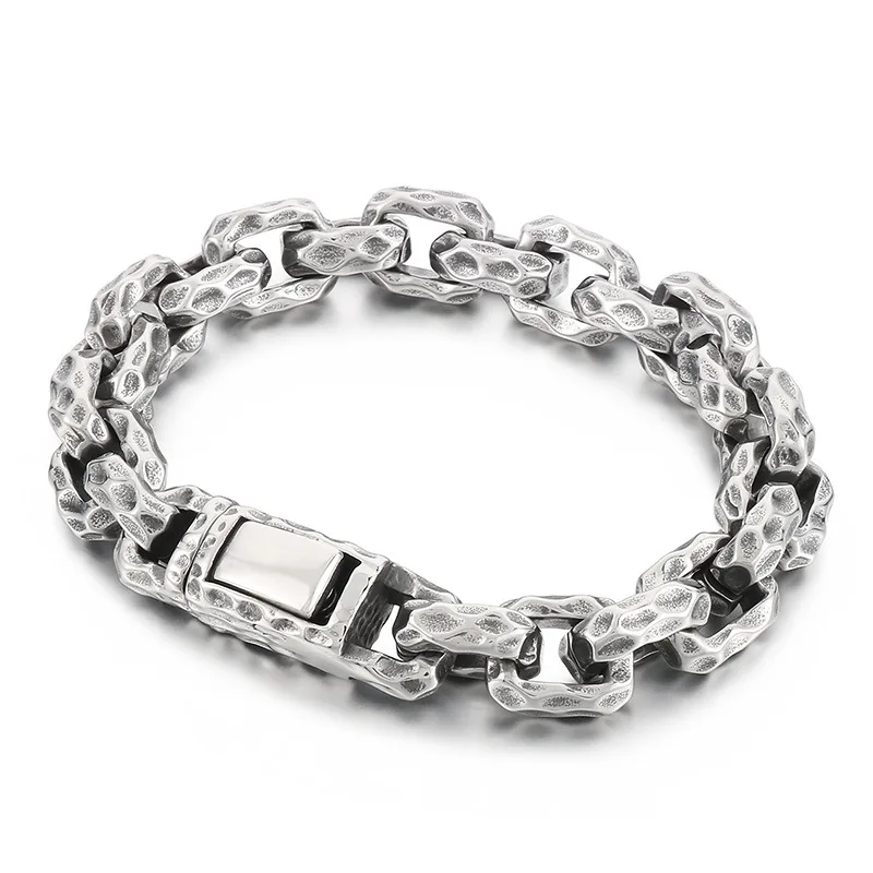 

Punk Rock Titanium Steel Hammering Pattern Geometric Link Chain Bracelets for Men Retro Jewelry Never Fade Gift