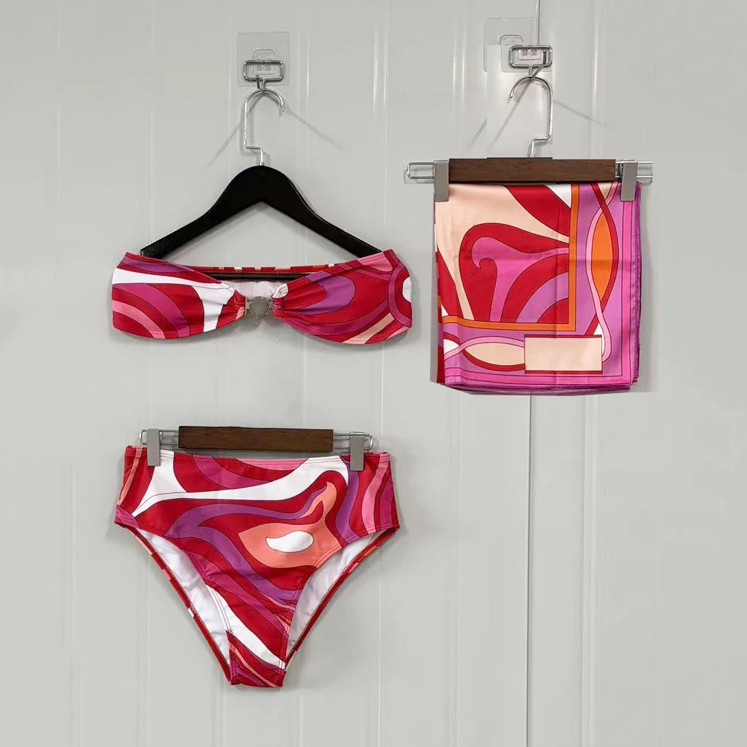 Classic Women's Red Ribbon Scarf Strapless Bikini Sets with Designer Signature Letter Logo Luxury Design Women's Two-Piece Suits