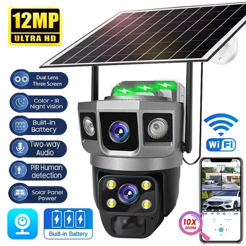 

6K 12MP Solar Energy Surveillance Camera WiFi IP Security Camera With Solar Panel Dual Lens CCTV Video PIR Motion Detect V380PRO