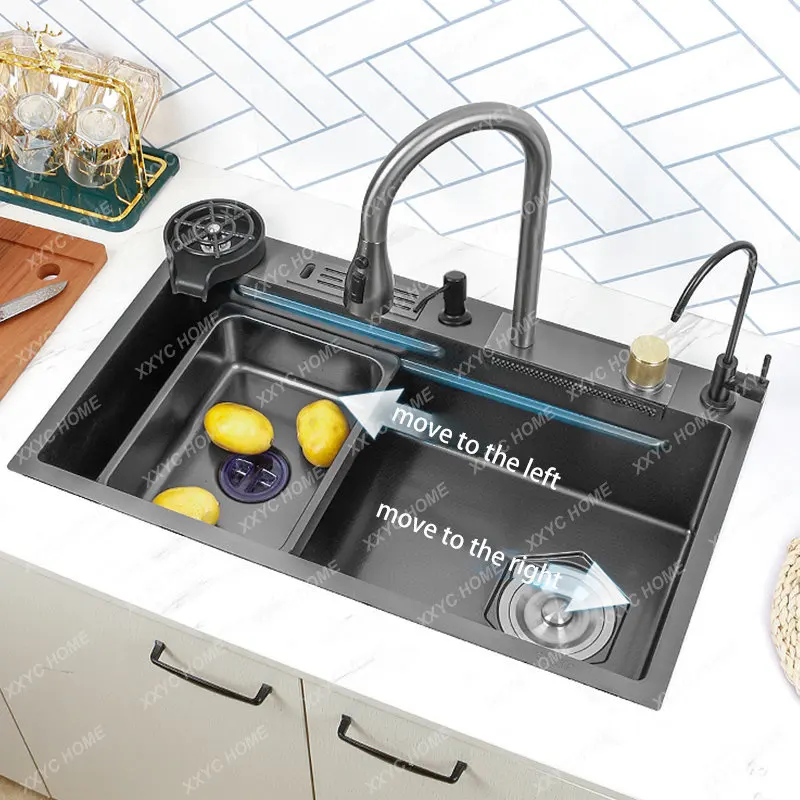 

Steel Waterfall Kitchen Sink Nano-embossed Large Single Sink With Multifunction Touch Waterfall Faucet