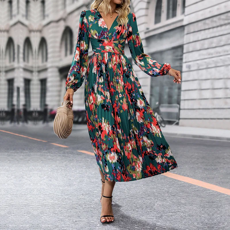 

Autumn New Commuter Temperament Women's Clothing Fashion Folds Simplicity Print Long Sleeve V-Neck Versatile Mid Length Dress