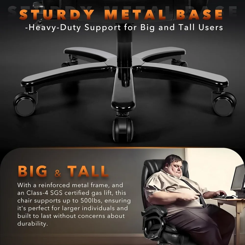 كرسي مكتب كبير وطويل للأشخاص الثقيلين بوزن 500 رطل، كرسي مكتب تنفيذي من الجلد مع دعم قطني مريح قابل للتعديل وثي #6