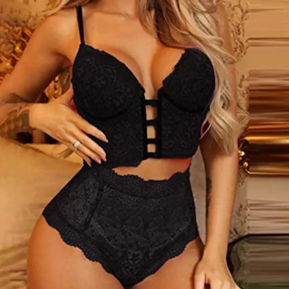 Set 2pcs Corset Crop Top Briefs Underwear 3/4 Cups Wireless Bra Briefs Set Two Pieces Female Lace Bra High Waist Panty