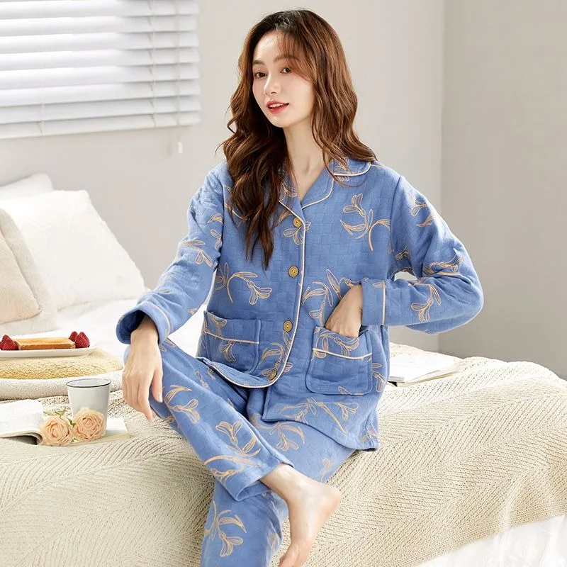 Pijama de algodón con cuello vuelto para mujer, ropa de dormir cálida de manga larga, de talla grande, informal, Floral, novedad de 2024