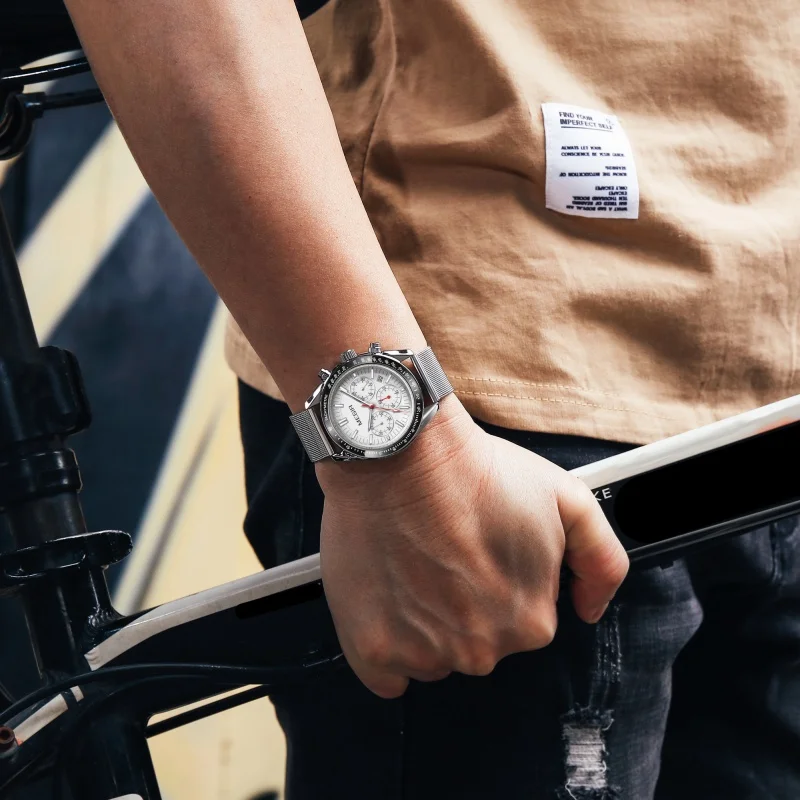 MEGIR 8105 Men's Fashion Quartz Watch Multifunctional Chronograph Calendar Stainless Steel Strap Sport Luminous Business Watches