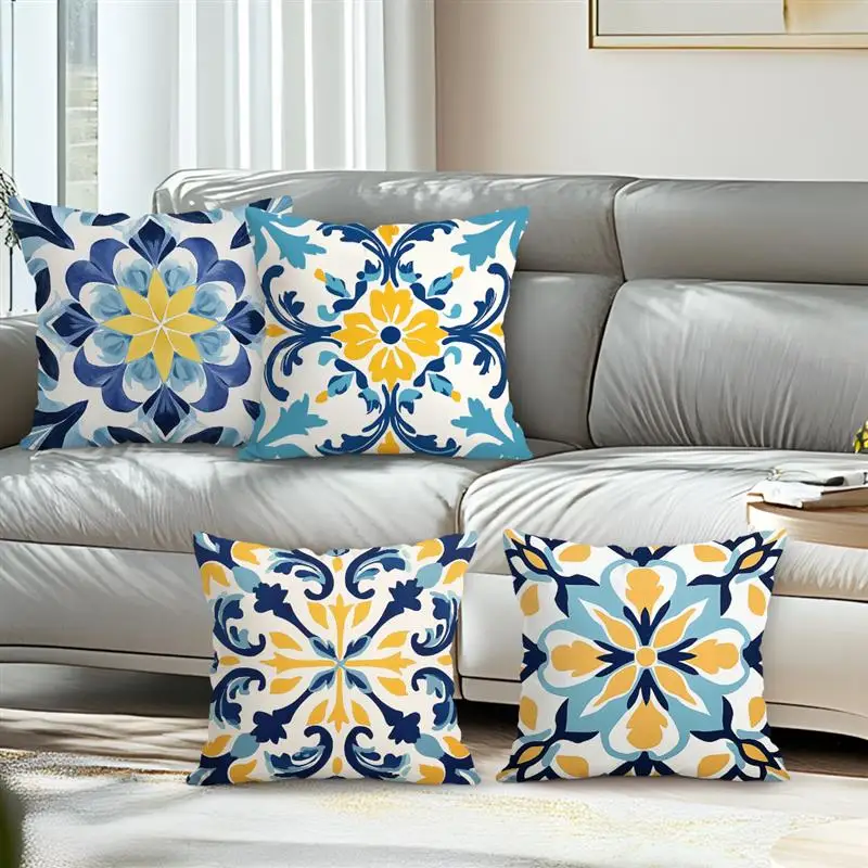 Home Decor Exquisite Blue-Yellow Floral Pattern Pillow Covers Pattern Cushion Cover Suitable for Sofa Bedroom Car Pillow Cover