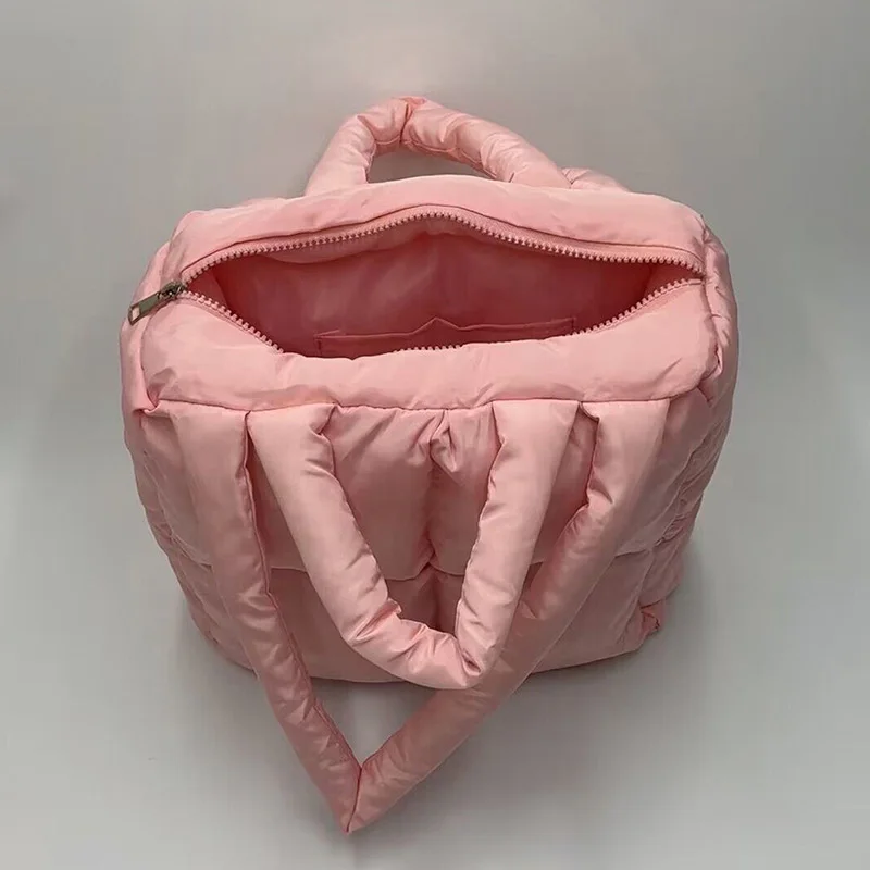 Bolso de mano acolchado rosa para mujer, bolsos de diseñador de marca, bolsos de hombro de algodón de plumón, bolso de axilas grande cálido para