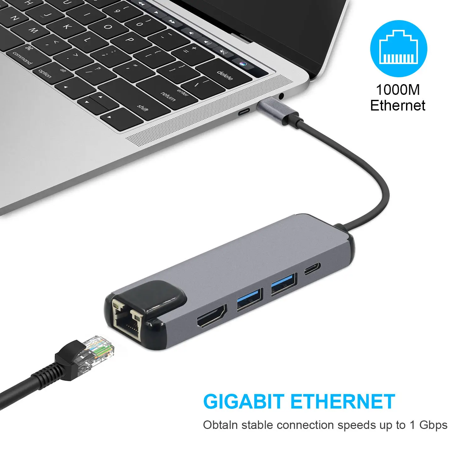 Imagem -02 - Hub Usb c em com 4k Hdmi Rj45 Lan Usb-c Portas Usb 3.0 e Entrega de Energia pd para Câmera ip e Acessórios de Segurança tipo c