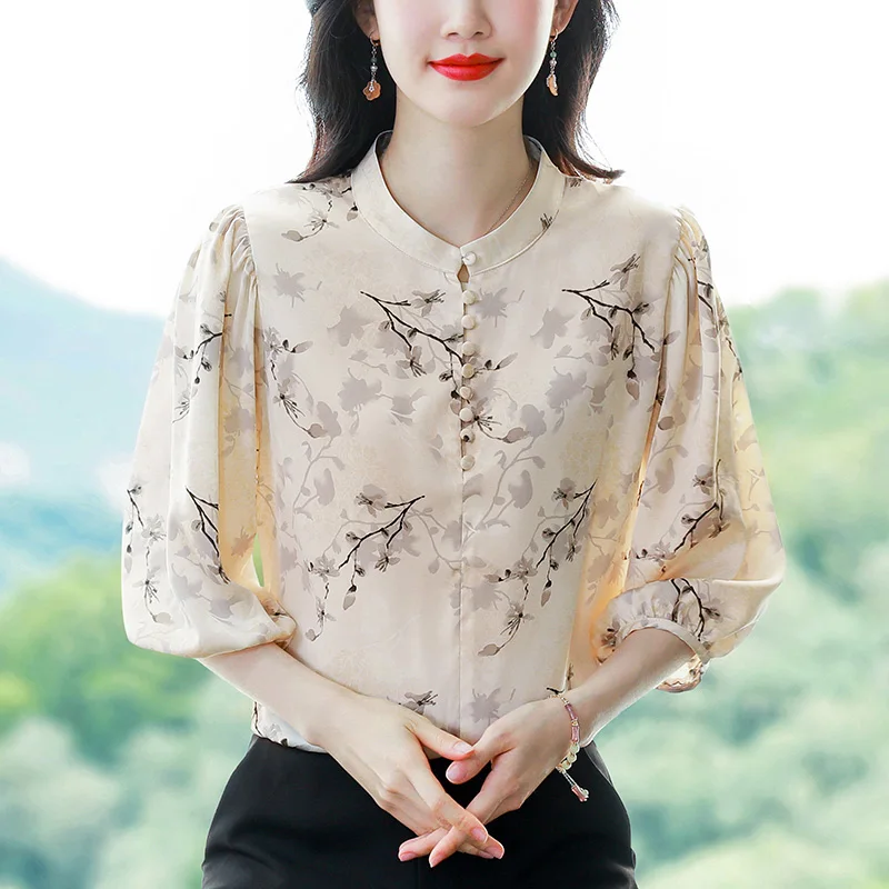 2025 Spring Summer Women Shirt New Fashion Silk Chiffon Blouse Stand Collar 3/4 Sleeve Casual Floral Printed Tops