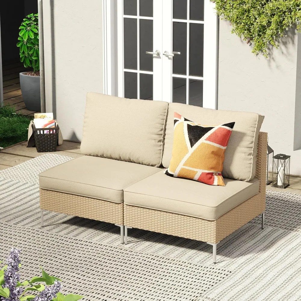 

2 Pieces Wicker Patio Furniture Set, Outdoor Conversation Set of 2 Armless Wicker Sofas with Cushions for Deck, Backyard