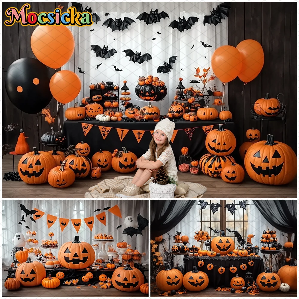 

Mocsicka Halloween Photography Background Autumn Pumpkin Balloons Bat Jack-O-Lanterns Party Decor Kid Baby Photo Backdrop Banner