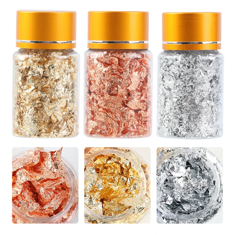 3 ขวดผสมสี Glitter Nail Art สติกเกอร์กระดาษฟอยล์ไม่สม่ําเสมอ SHINY Leaf GOLD Flakes เล็บ DIY ฟอยล์อุปกรณ์ตกแต่ง