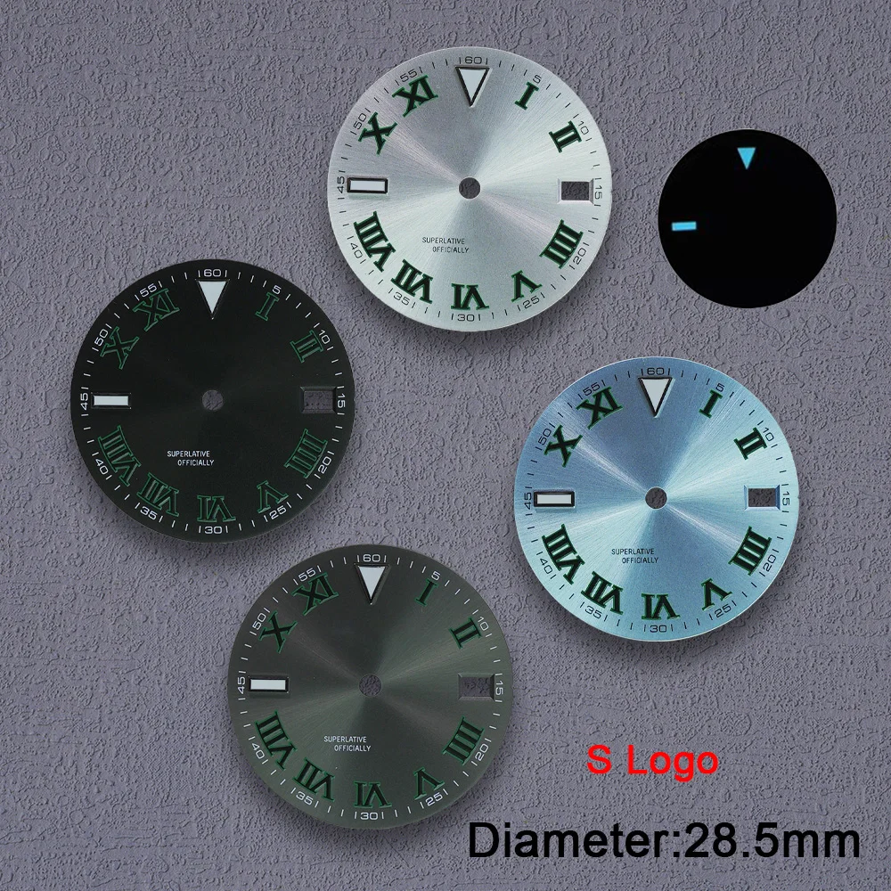 Nh35 Dial S Logo 28,5mm Número Romano Dial azul luminoso adecuado para movimientos NH35/NH36/4R herramienta de reparación de accesorios de reloj