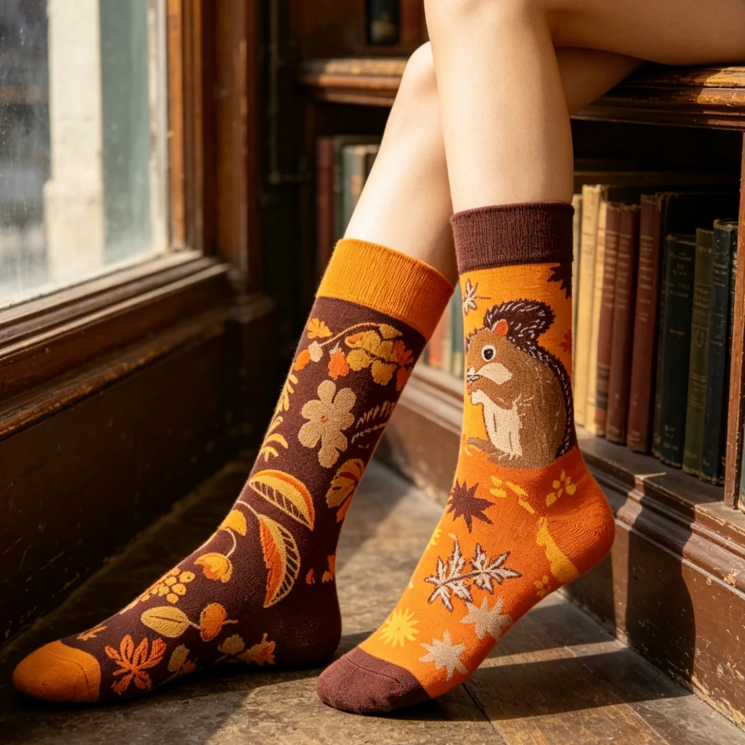 1 pair of women’s asymmetrical knee-high socks with a squirrel, maple leaf, and nut pattern, size 35–40