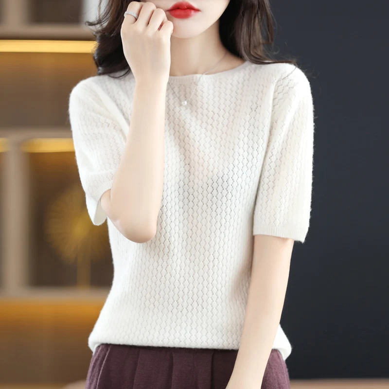 

New spring women's short-sleeved 100% pure wool O-neck knitted pullover short-sleeved Korean slim soft women's top