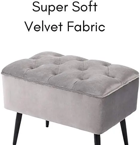 Tufted Rectangle Grey Ottoman \u2013 Velvet Foot Stool \u2013 Mid Century Modern Steel Legs - Soft Compact Padded Stool - Living