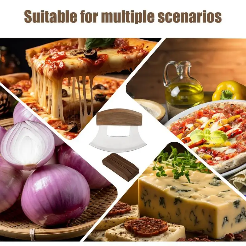 Ulu Pizza Cutter Chef Mezzaluna Ulu Cutter Ergonomic Anti-Slip Handle Stainless Steel Alaskan Ulu Cutter With Wooden Stand For