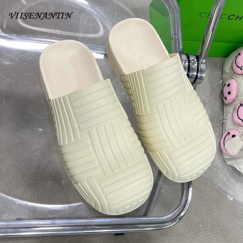 

Women Spring Autumn Round Toe Slides Crisscross Pattern Thick Sole White Green Daily Walking Mules Fashion Comfortable Shoe